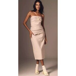 Anthropologie Ruched Dress Women Beige Slim Strapless Vacay Resort Size XL NWT